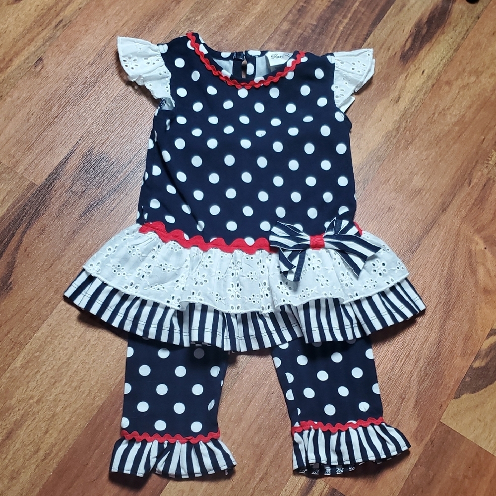NWT Rare Editions 2 Piece Set Navy Polka Dot Dress And Pants with Red Trim 2T